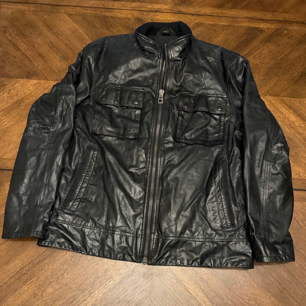 Gap 1969 Mens Black 100% Genuine Leather Moto Jacket Full Zip Large